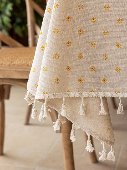 1Pc Autumn Daisy Floral Tablecloth with Tassels, Country Style Yellow Floral Table Cover, Dust Cover for Coffee Table, Bedside Cabinet, Suitable for Dining Room, Kitchen, Picnic, Dinner, Party, Holiday, Room Decor